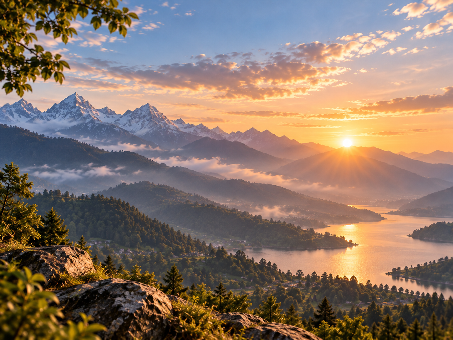 Mountain landscape at sunrise overlooking a misty valley
